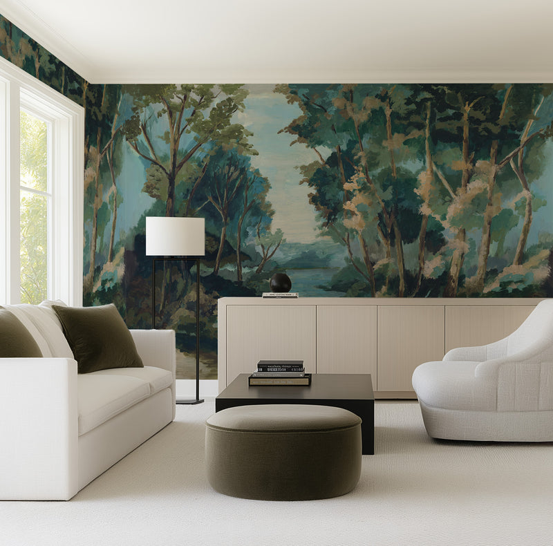 Mosswood Forest Panoramic Painted Mural Wallpaper from Olive et Oriel where you can shop wallpaper and artworks online