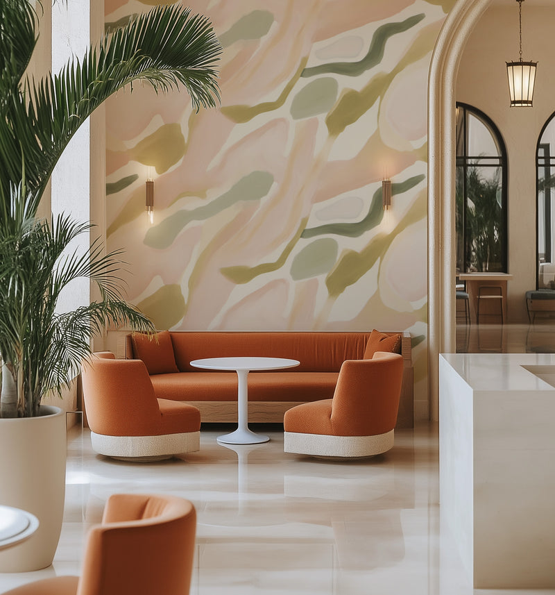 Stockholm Abstract in Green & Beige Commercial Vinyl Wallpaper from Olive et Oriel where you can shop wallpaper and artworks online