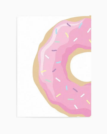 Illustration of a pink frosted donut with colorful sprinkles in white, yellow, cyan, and purple, displayed as a canvas art print. The donut features a tan-colored glazed ring with layered pink frosting in varying shades. The artwork is shown mounted on a white-bordered canvas against a white background, showcasing the playful, modern illustration style with soft color palette and whimsical design.