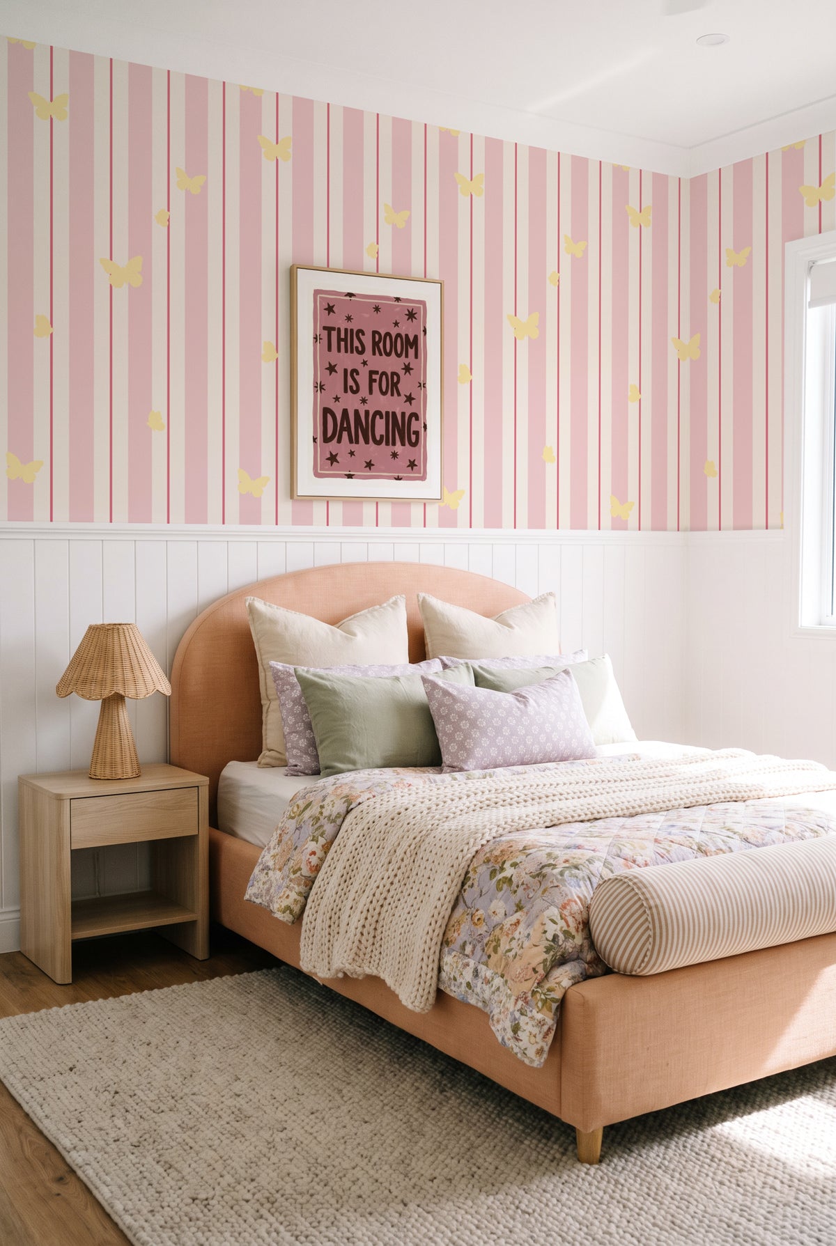 Stripes & Butterflies | Linen Texture Wallpaper