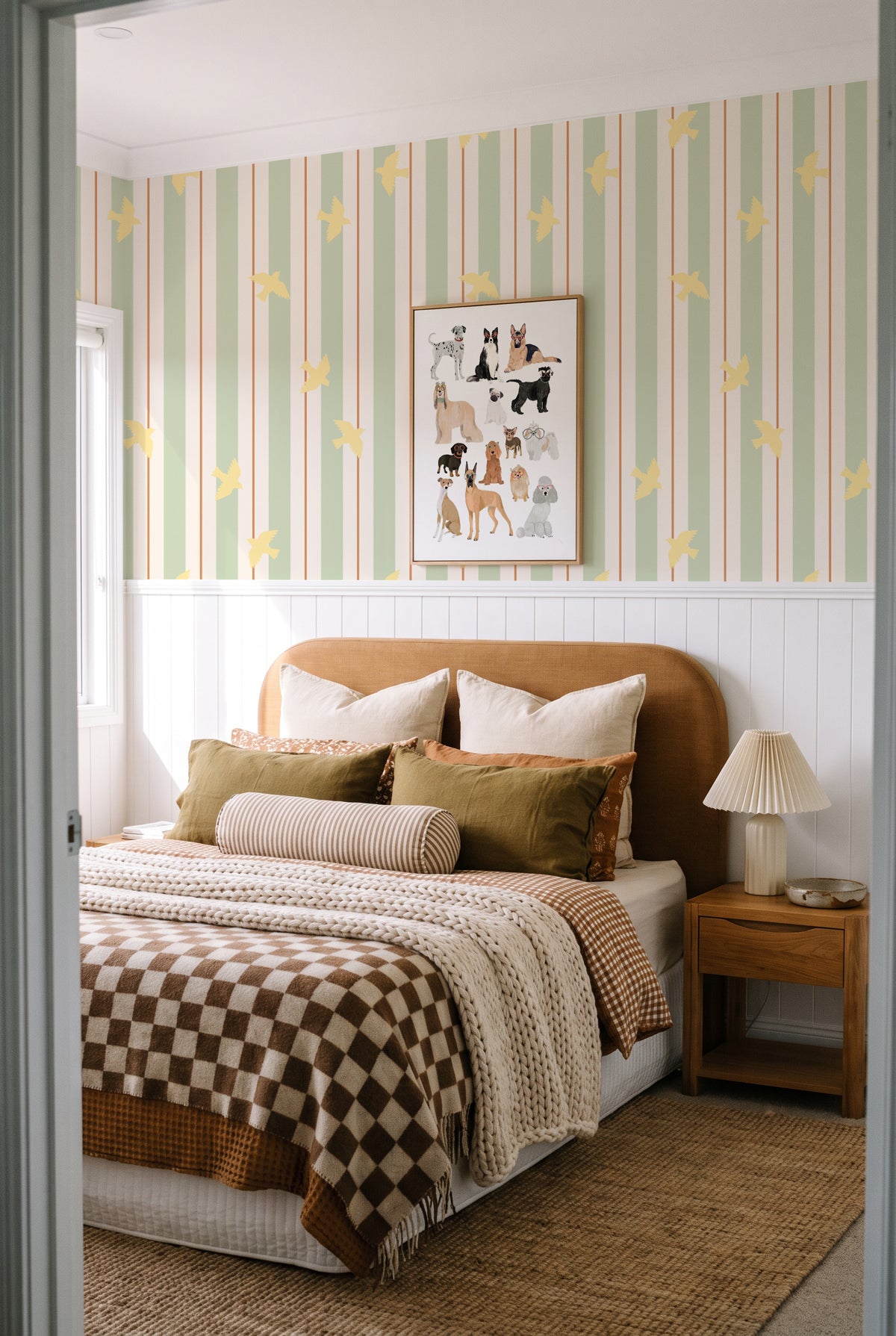 Stripes and Birds | Linen Texture Wallpaper