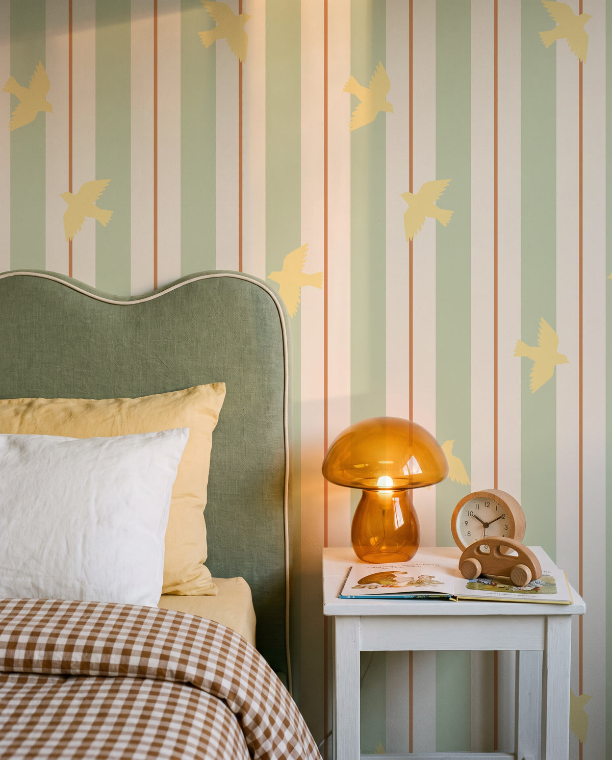 Stripes and Birds | Linen Texture Wallpaper