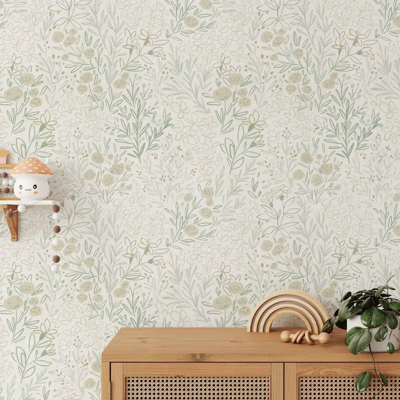 Floral Sketch Sage Green Wallpaper from Olive et Oriel where you can shop wallpaper and artworks online