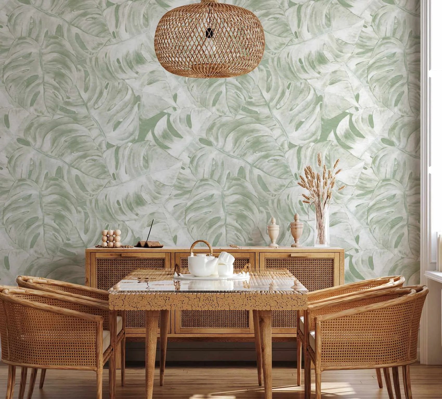 Hamptons Monstera Sage Green Wallpaper from Olive et Oriel where you can shop wallpaper and artworks online
