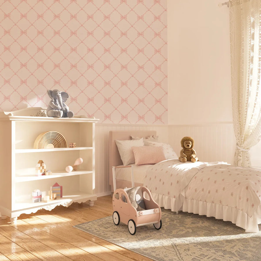 Sweet Trellis Bows Wallpaper from Olive et Oriel where you can shop wallpaper and artworks online