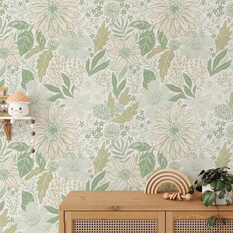 Botanical Sketch Grande Sage Green Wallpaper from Olive et Oriel where you can shop wallpaper and artworks online