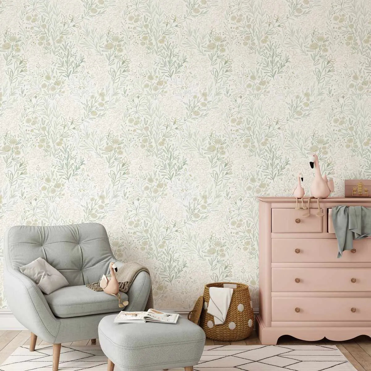 Floral Sketch Sage Green Wallpaper from Olive et Oriel where you can shop wallpaper and artworks online
