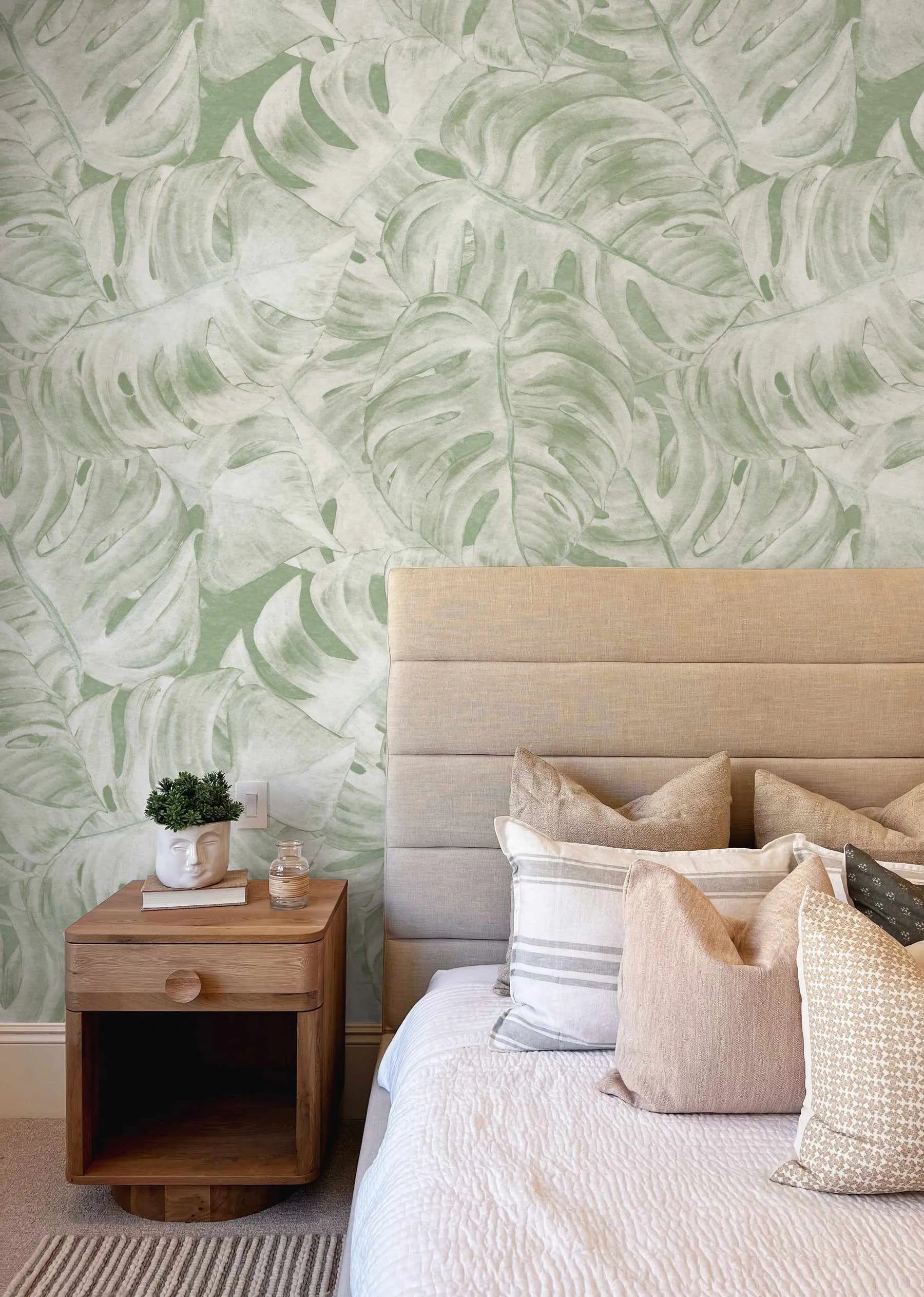 Hamptons Monstera Sage Green Wallpaper from Olive et Oriel where you can shop wallpaper and artworks online