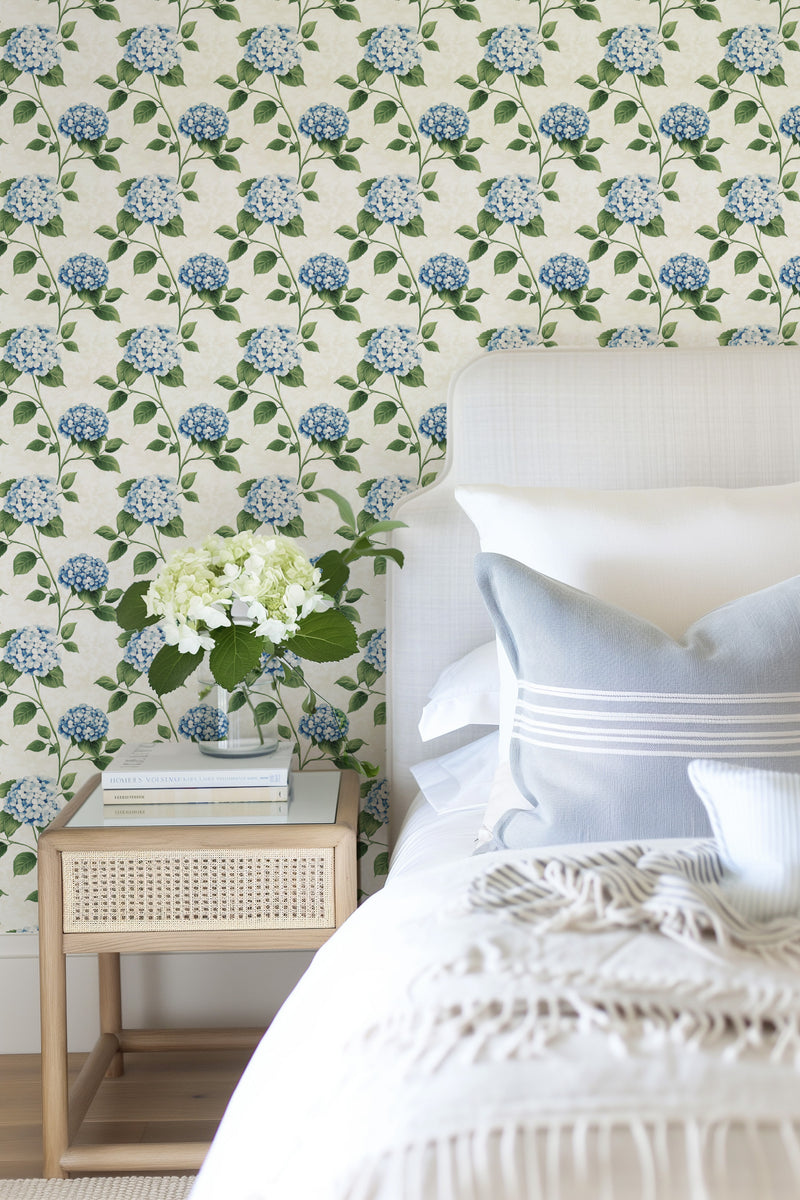 Garden Serenity in Light Blue Hydrangea Wallpaper from Olive et Oriel where you can shop wallpaper and artworks online