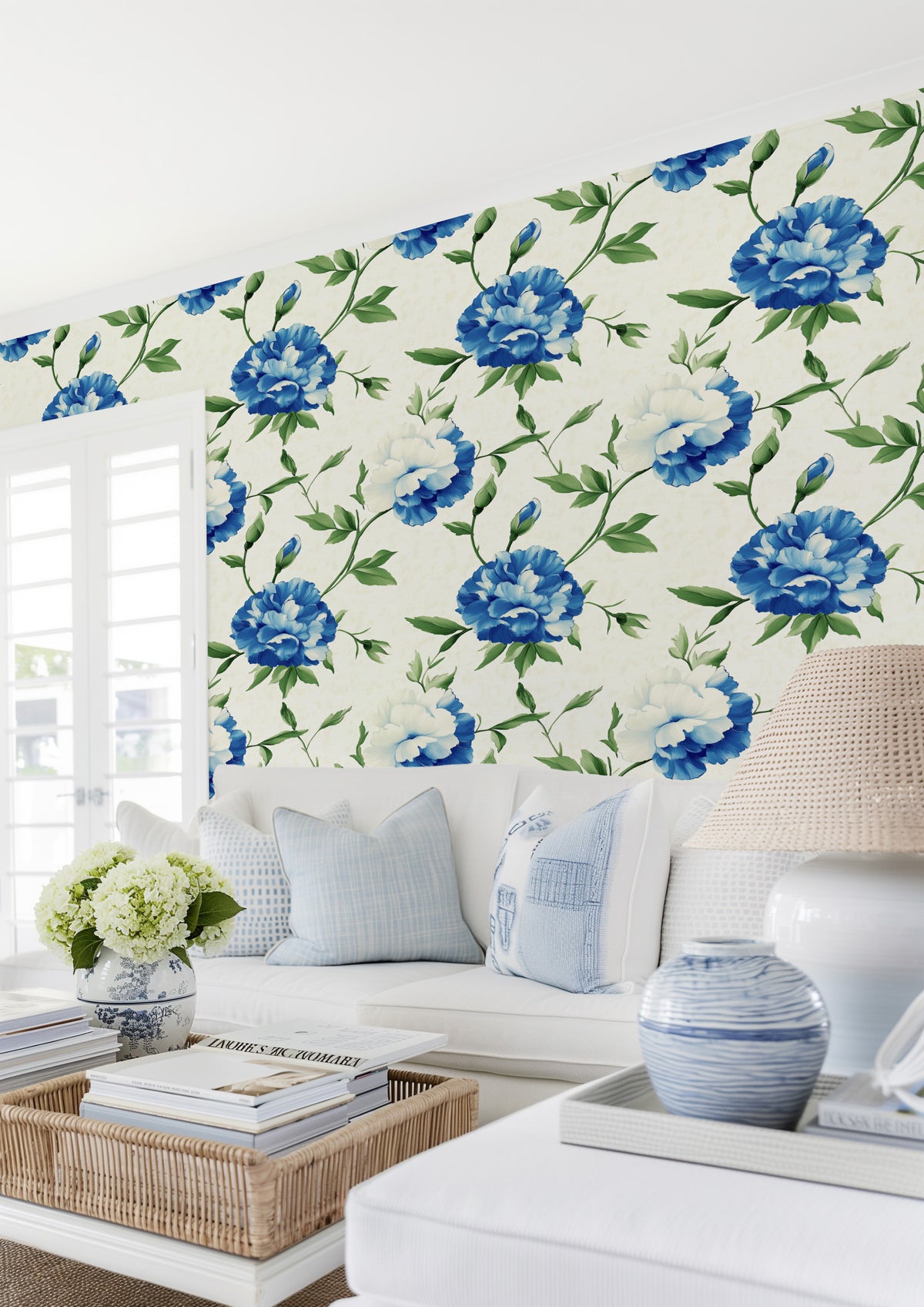 Garden Carnations in Hamptons Blue Wallpaper from Olive et Oriel where you can shop wallpaper and artworks online