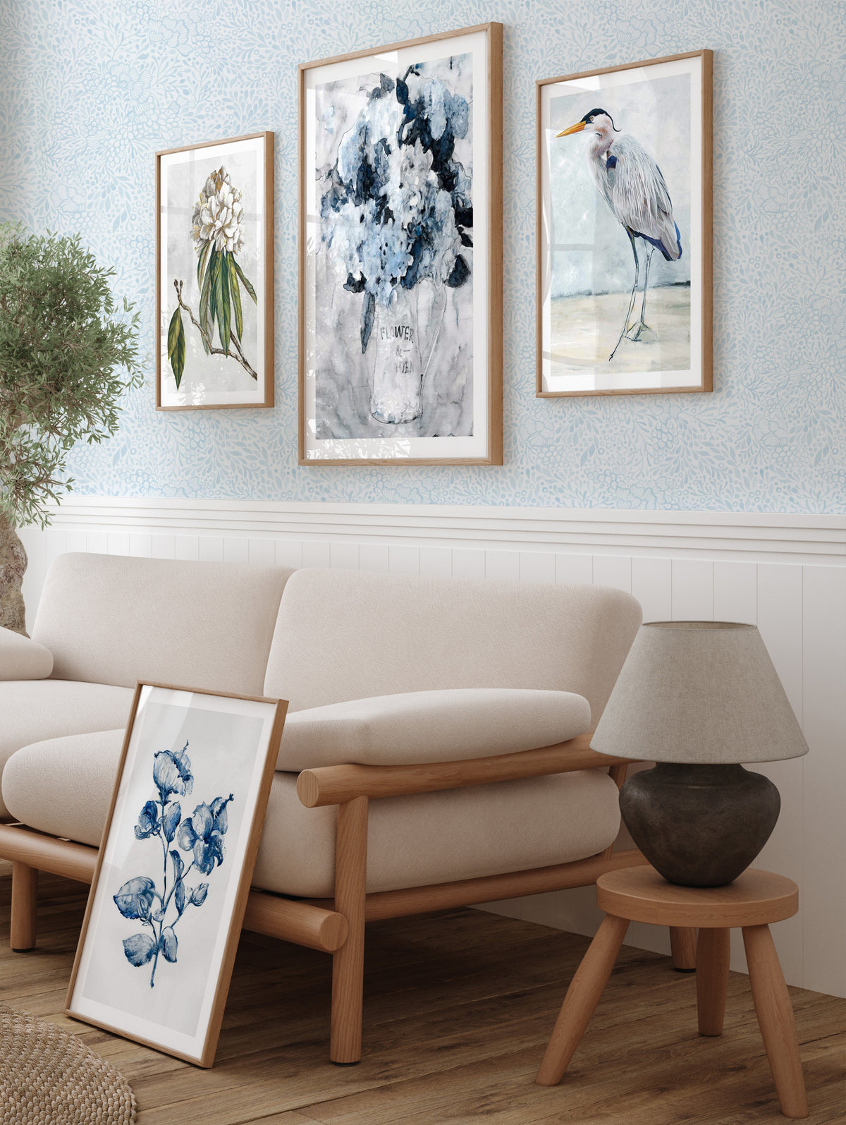 Watercolour Coral in Light Blue Wallpaper from Olive et Oriel where you can shop wallpaper and artworks online