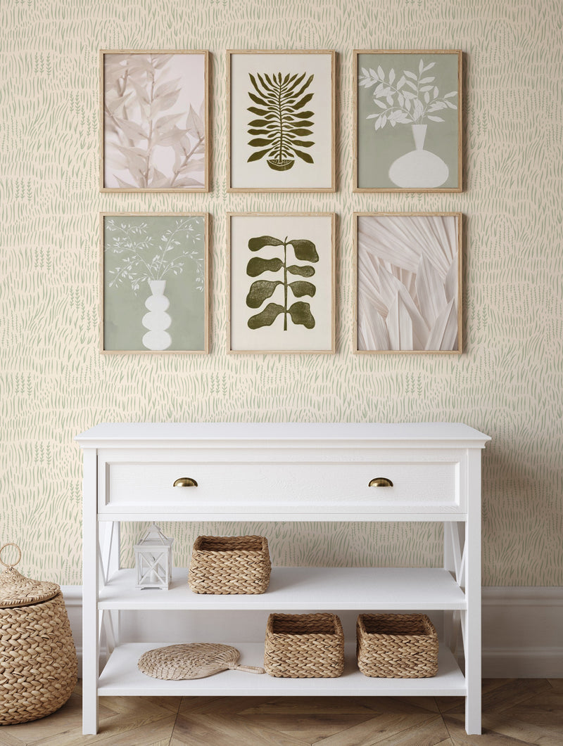 Whimsical Field in Sage Green Wallpaper from Olive et Oriel where you can shop wallpaper and artworks online