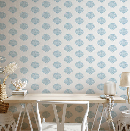 Coastal Shell Luxe Blue On White Wallpaper