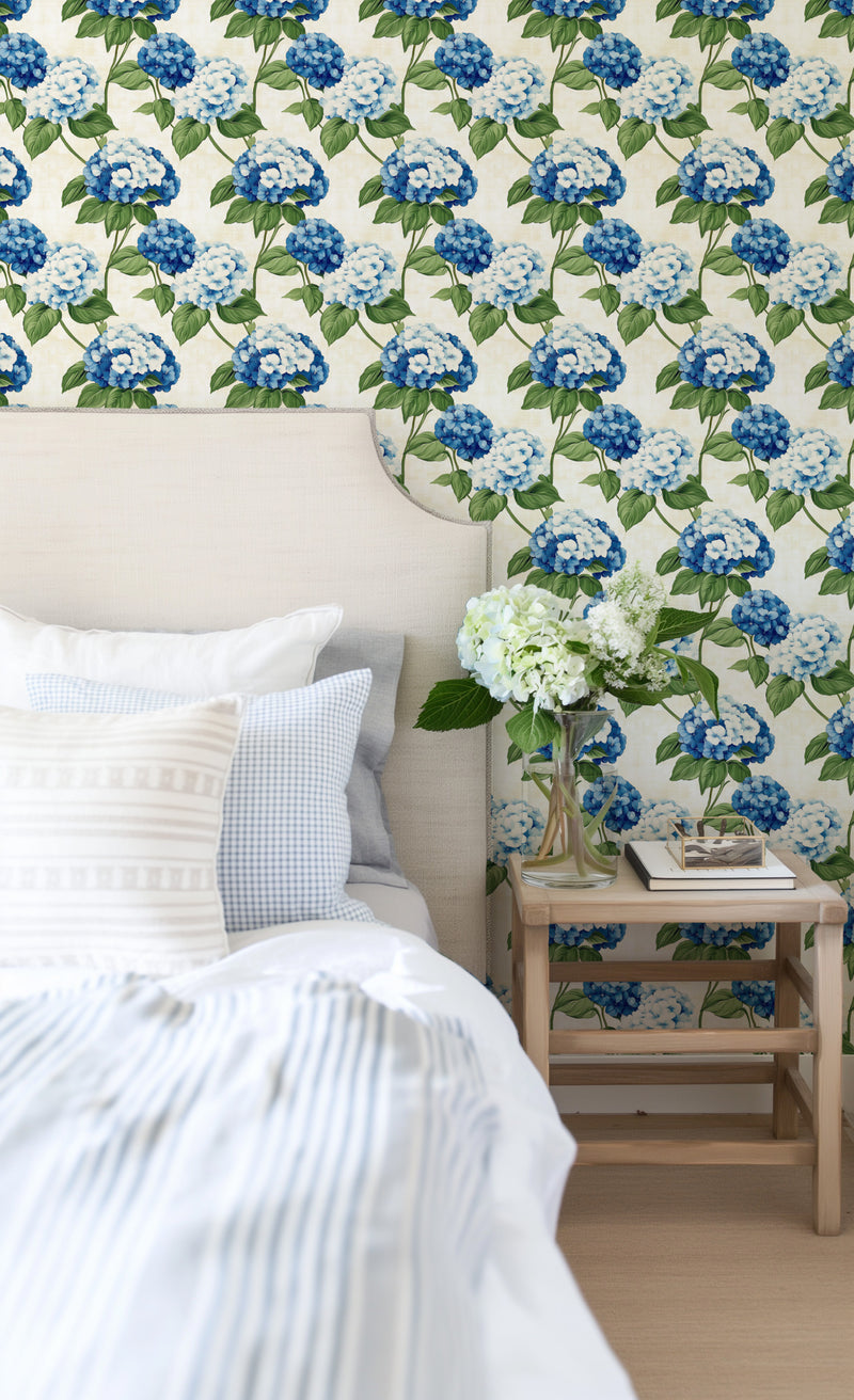 Bay Blooms in Light Blue Hydrangea Wallpaper from Olive et Oriel where you can shop wallpaper and artworks online