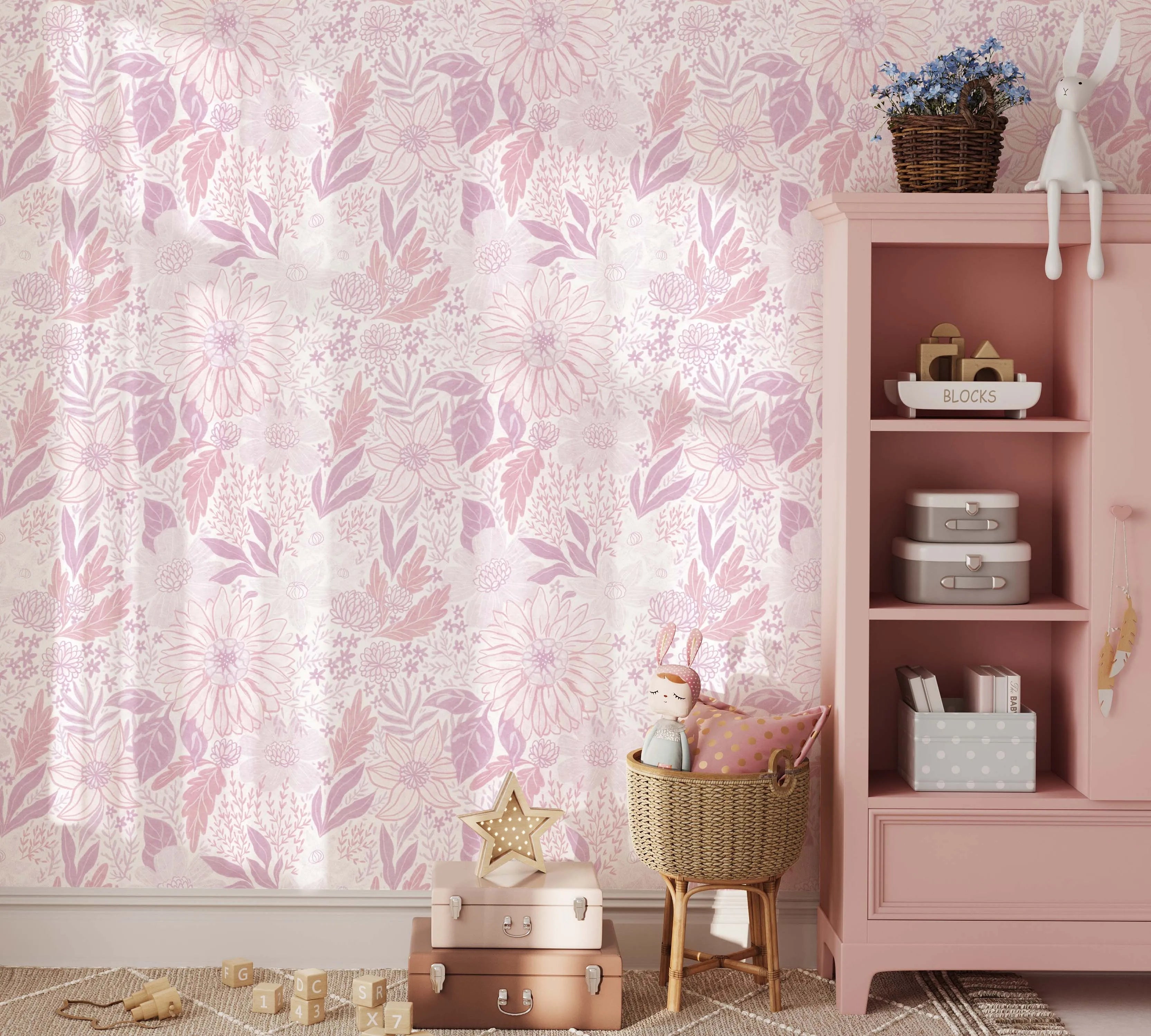 Botanical Sketch Pink Wallpaper from Olive et Oriel where you can shop wallpaper and artworks online
