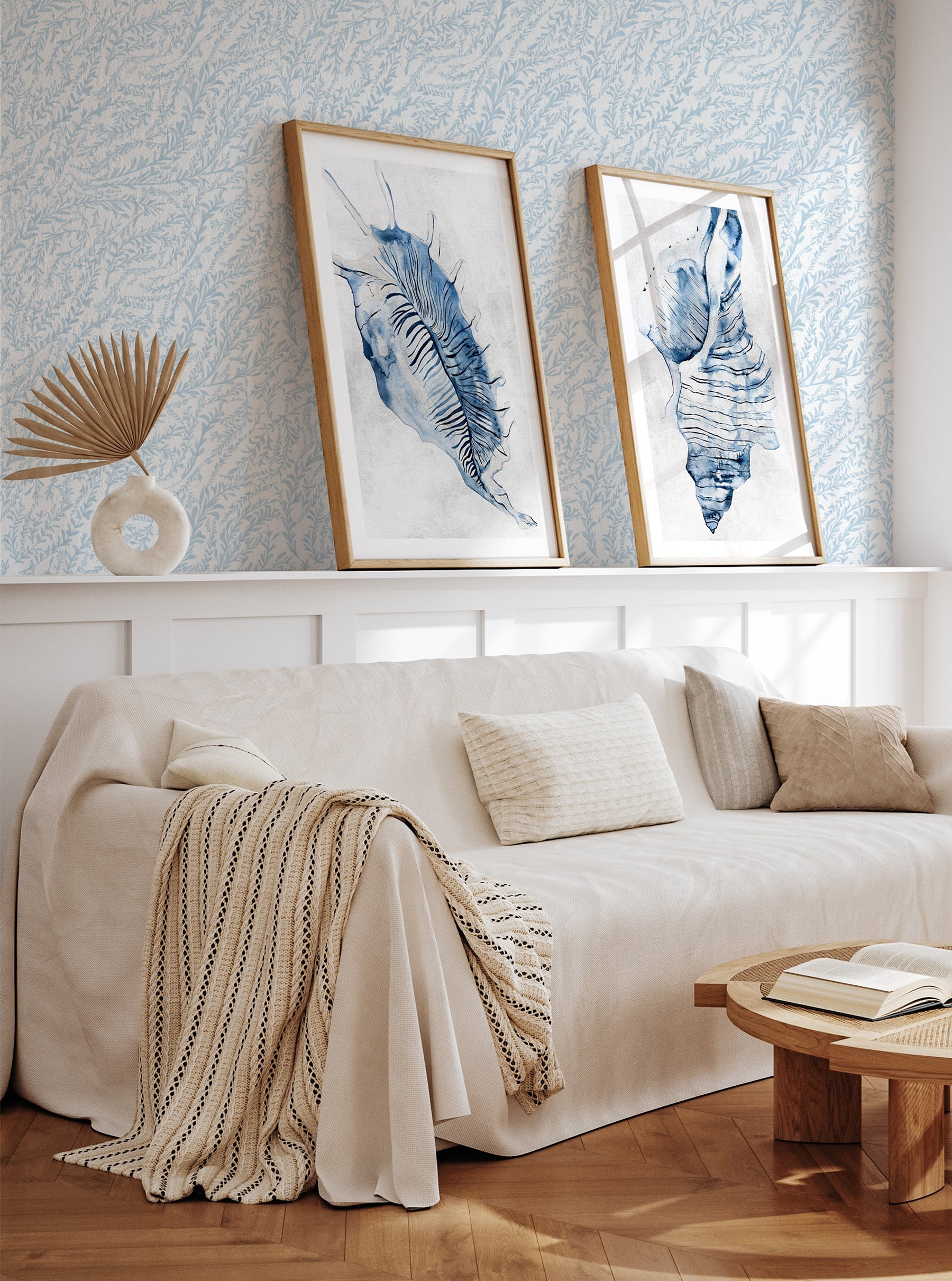 Hamptons Sea Leaves in Coastal Blue Wallpaper