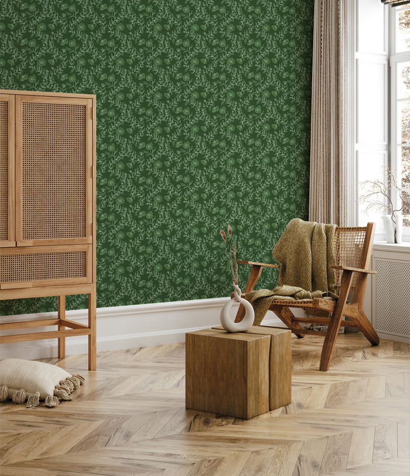 Country Floral Climber Dark Green Wallpaper from Olive et Oriel where you can shop wallpaper and artworks online