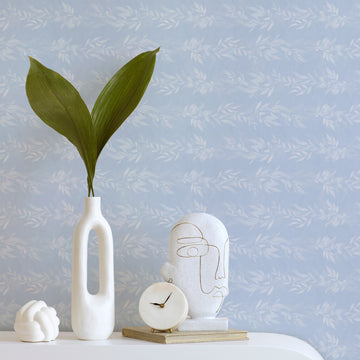 Luxe Leaves in Light Blue Wallpaper from Olive et Oriel where you can shop wallpaper and artworks online