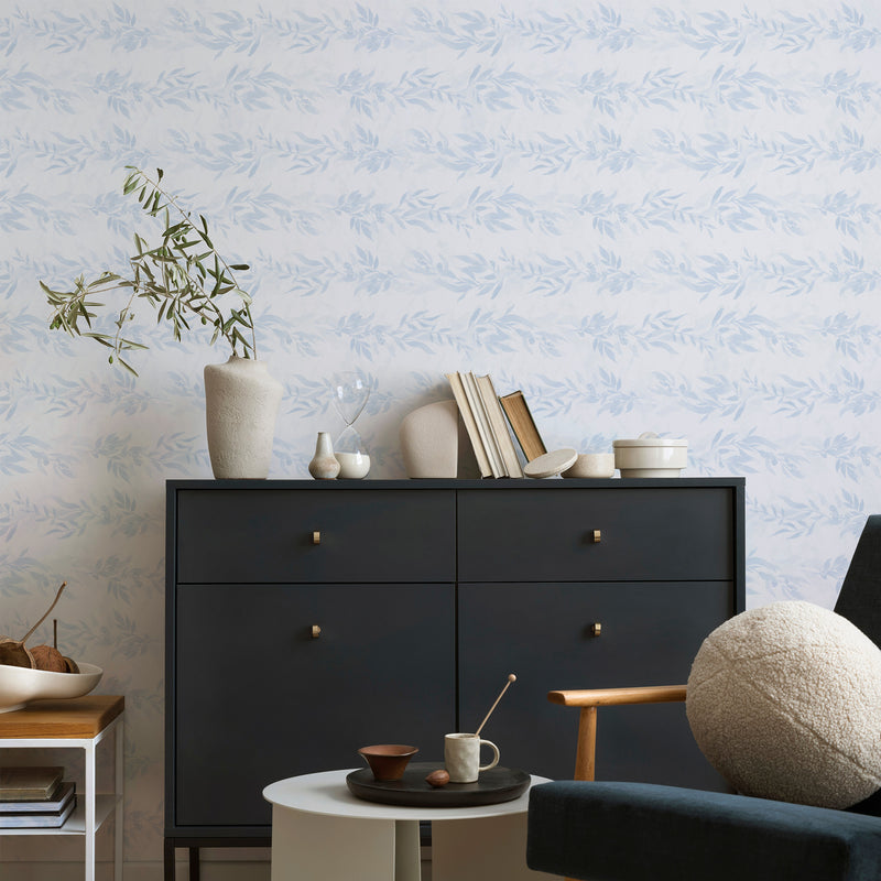 Luxe Leaves in Blue & White Wallpaper from Olive et Oriel where you can shop wallpaper and artworks online