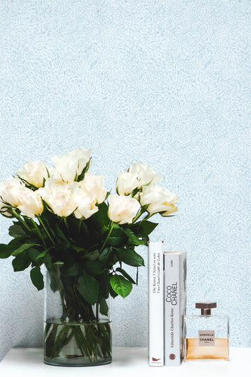 Watercolour Coral in Light Blue Wallpaper from Olive et Oriel where you can shop wallpaper and artworks online