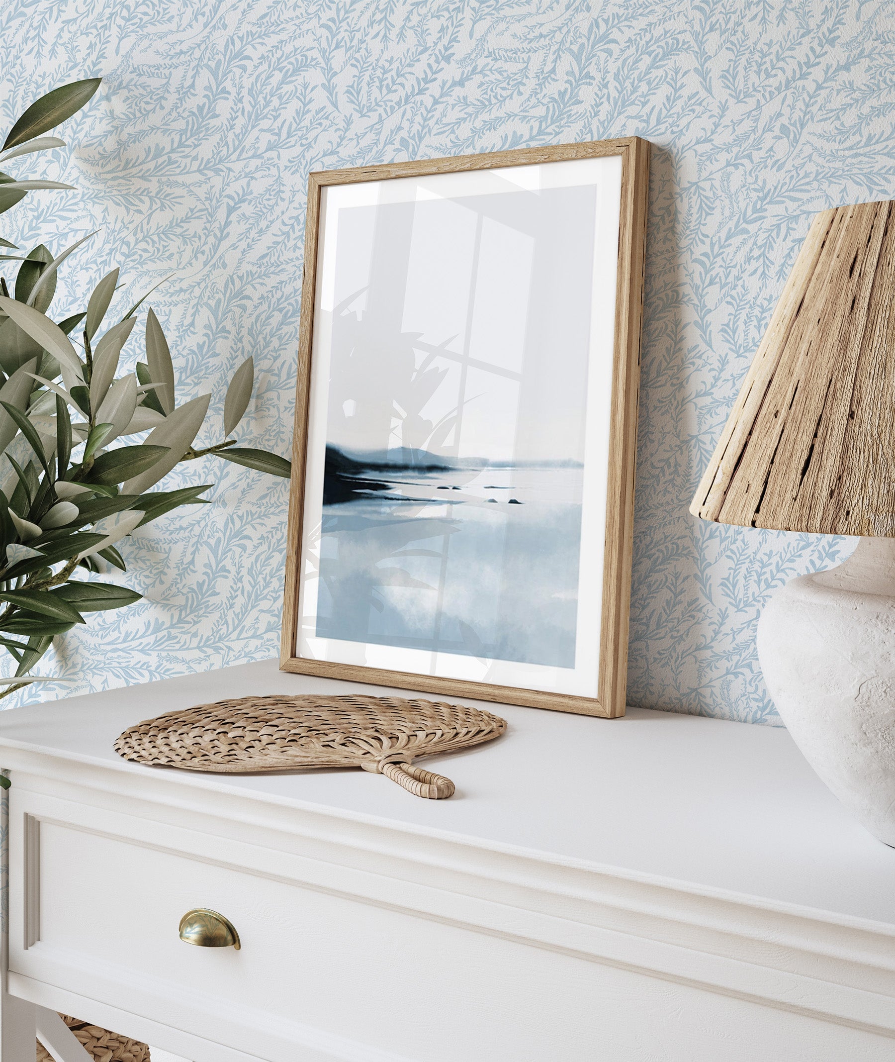 Hamptons Sea Leaves in Coastal Blue Wallpaper