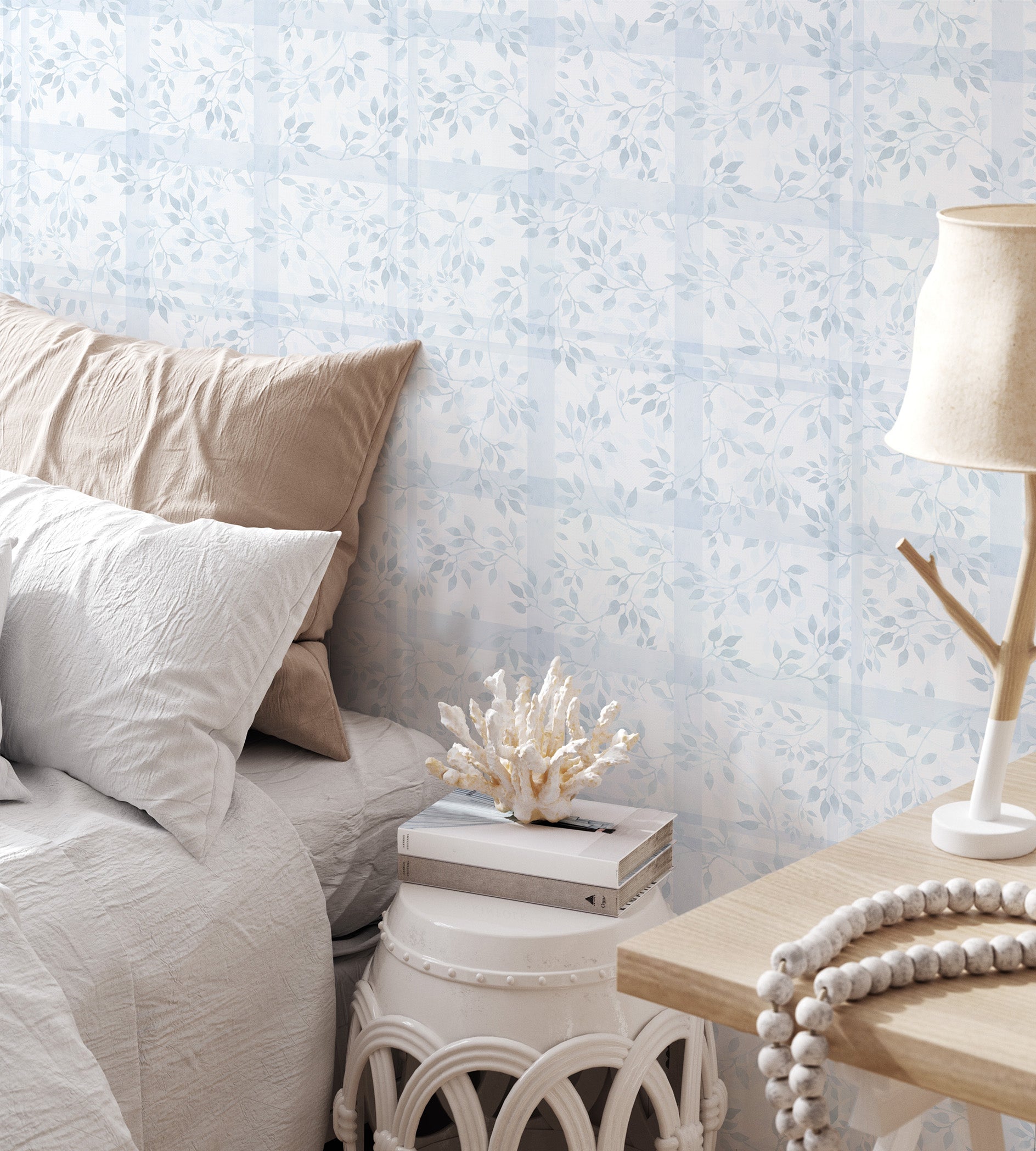 Hamptons Leafy Lattice in Light Blue Wallpaper