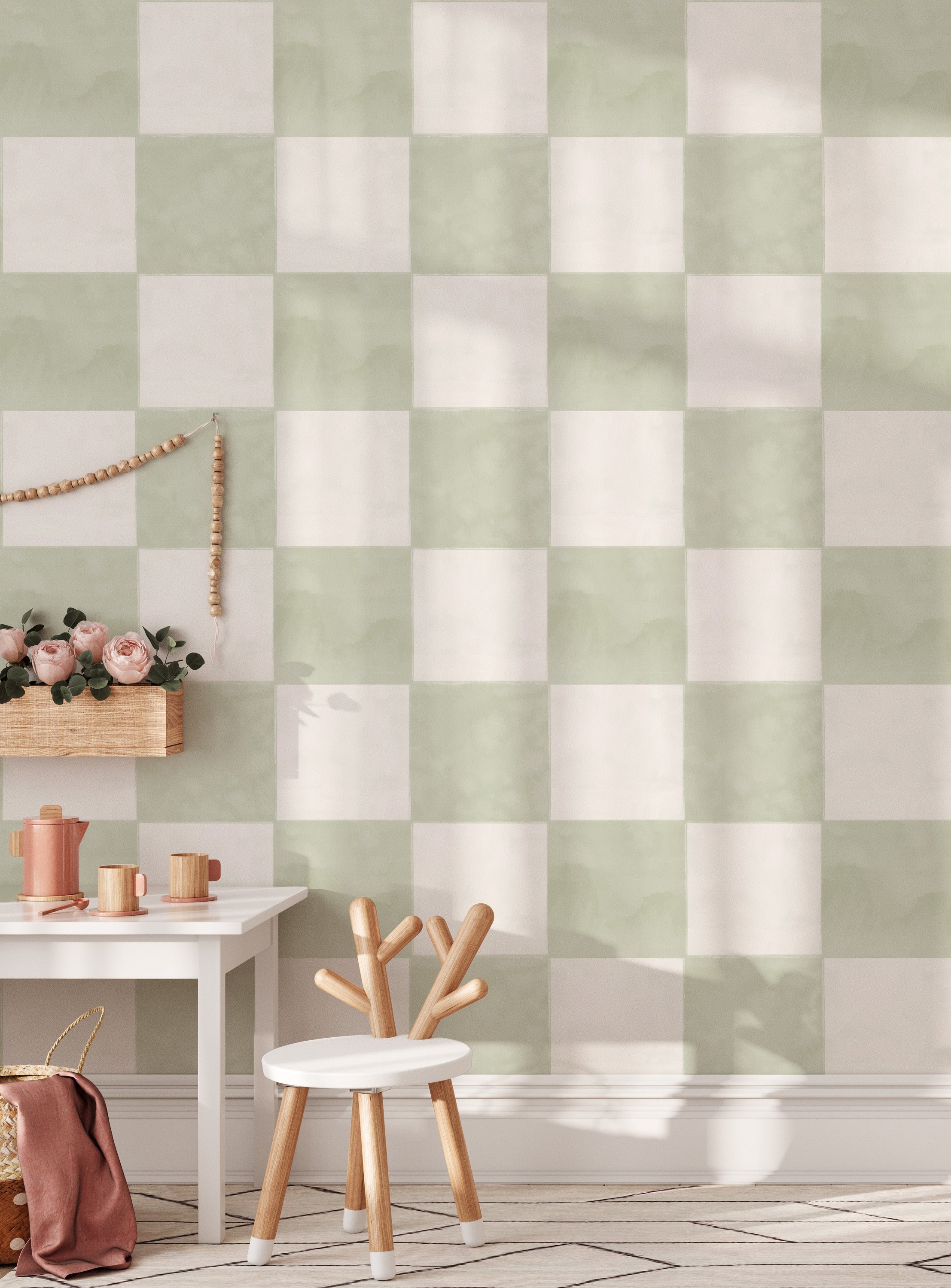 Large Watercolour Check Sage Green Wallpaper