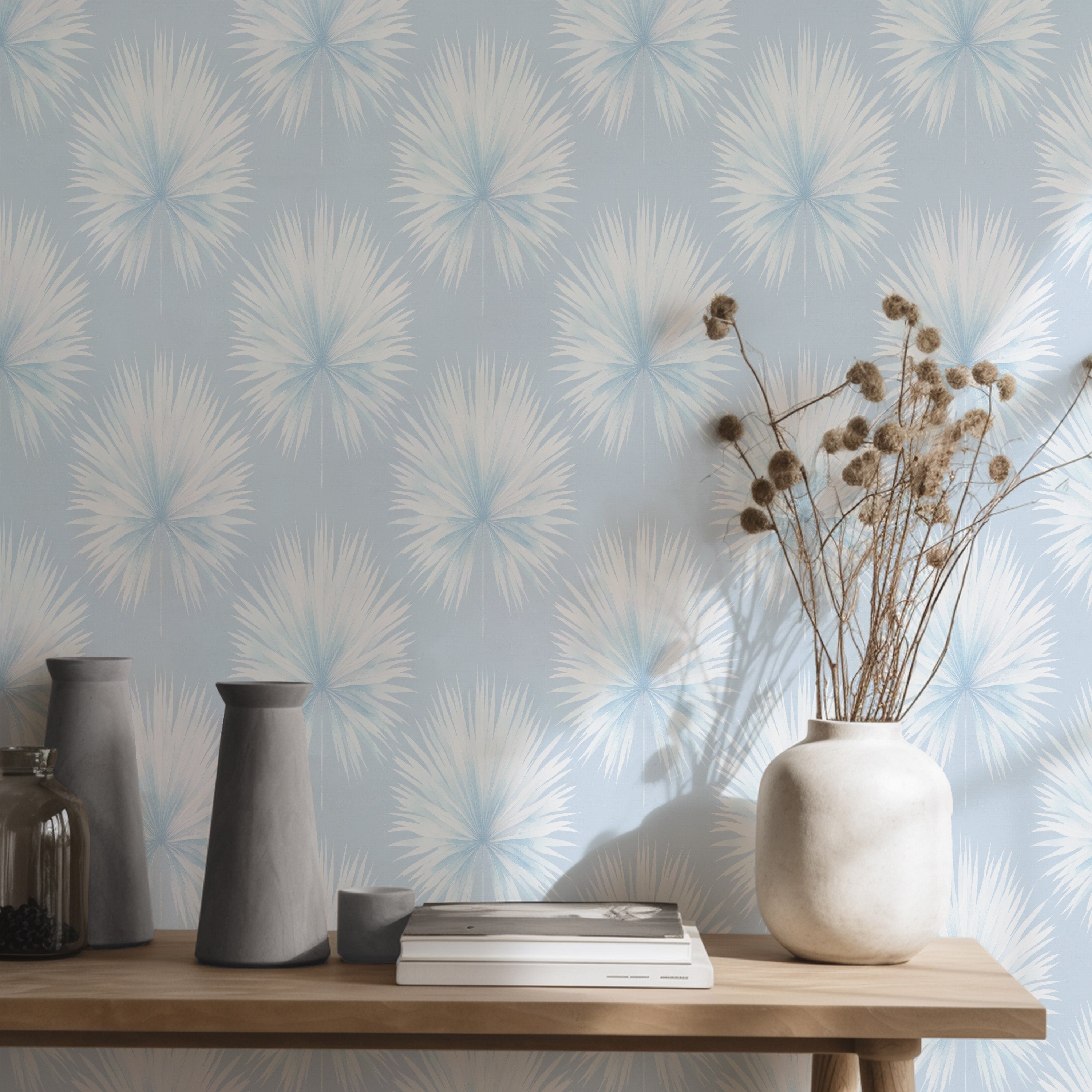 Coastal Fan Palm in Light Blue Wallpaper