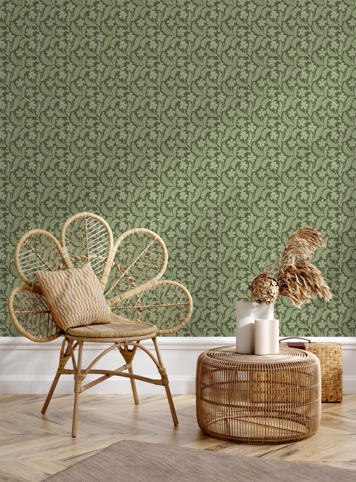 Country Blossom Dark Green Wallpaper from Olive et Oriel where you can shop wallpaper and artworks online