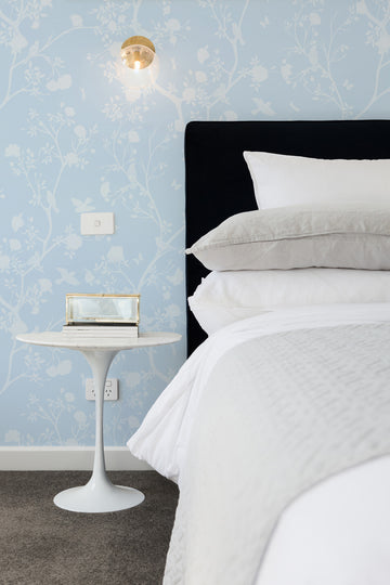 Bird Song in Light Blue Wallpaper from Olive et Oriel where you can shop wallpaper and artworks online