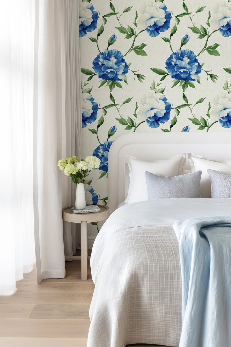 Garden Carnations in Hamptons Blue Wallpaper