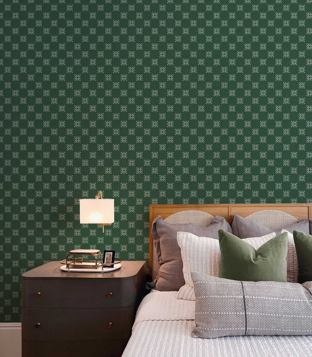 Diamond Motifs in Dark green Wallpaper from Olive et Oriel where you can shop wallpaper and artworks online