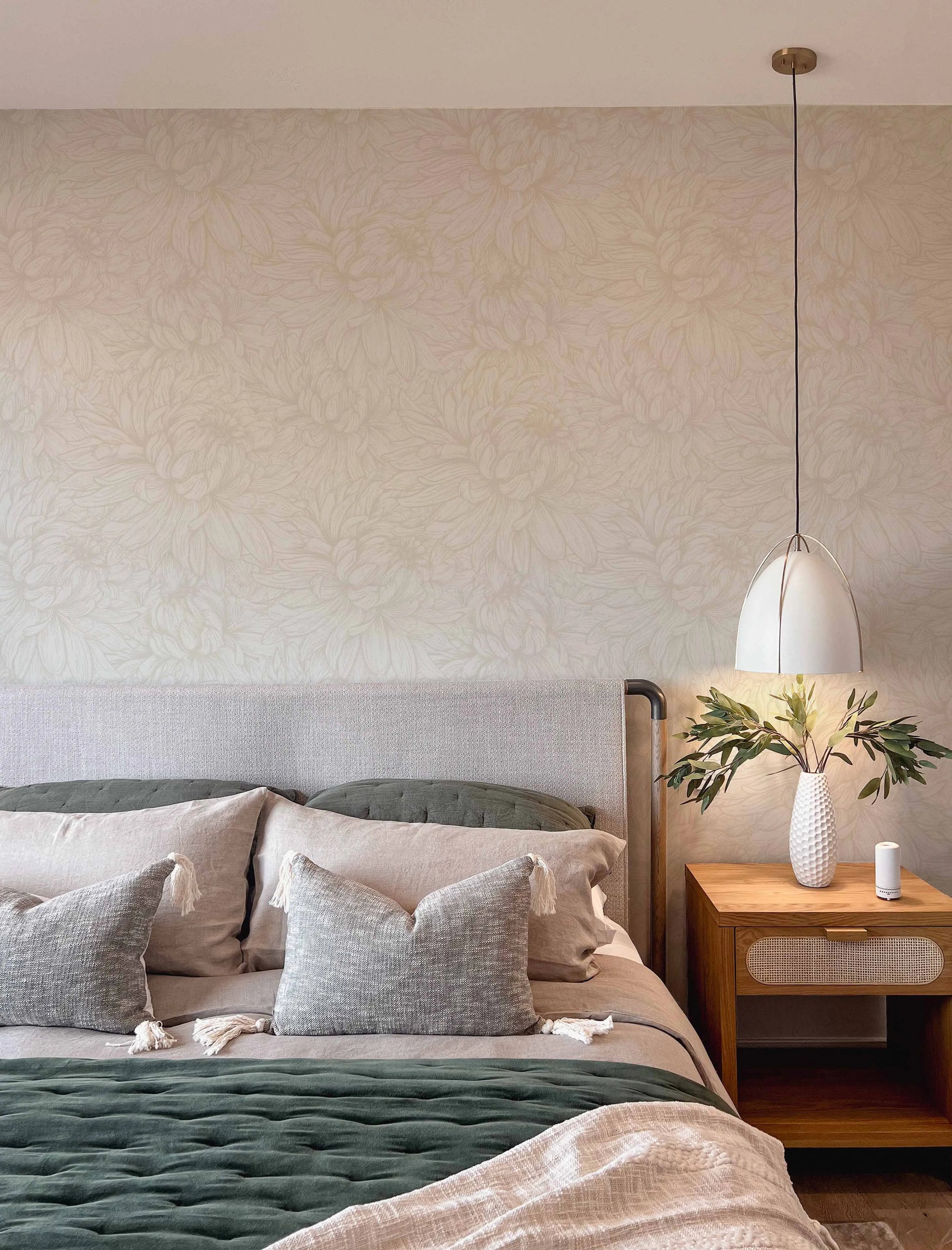 Chrysanthemum Flower Beige Wallpaper from Olive et Oriel where you can shop wallpaper and artworks online