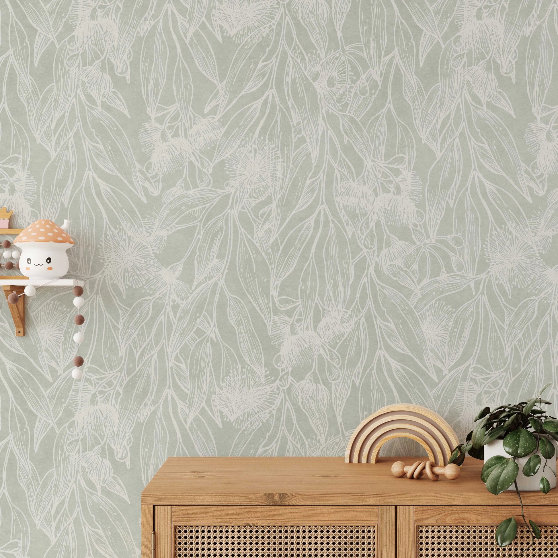 Eucalyptus Flowering Gum Sage Green Wallpaper from Olive et Oriel where you can shop wallpaper and artworks online