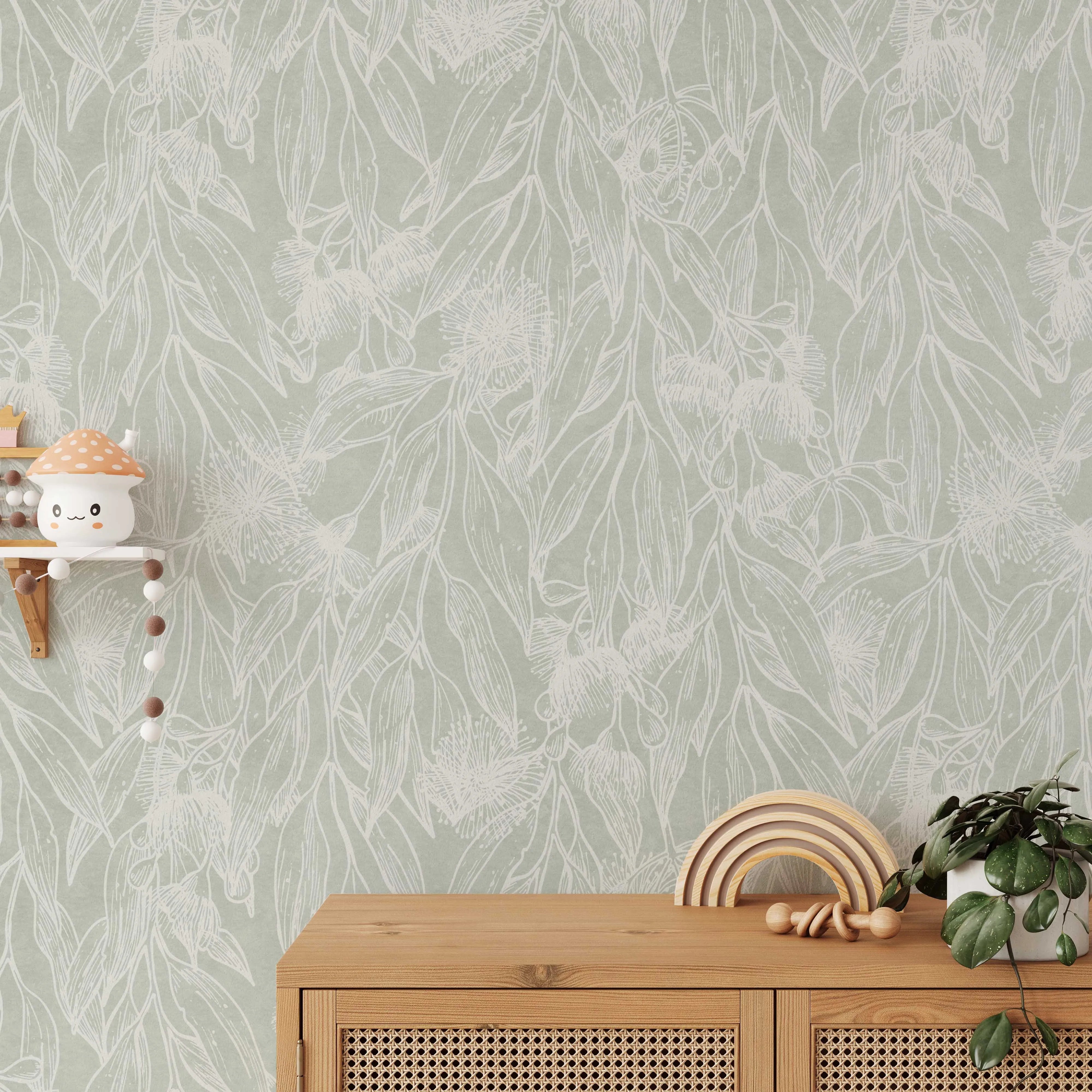 Eucalyptus Flowering Gum Sage Green Wallpaper from Olive et Oriel where you can shop wallpaper and artworks online