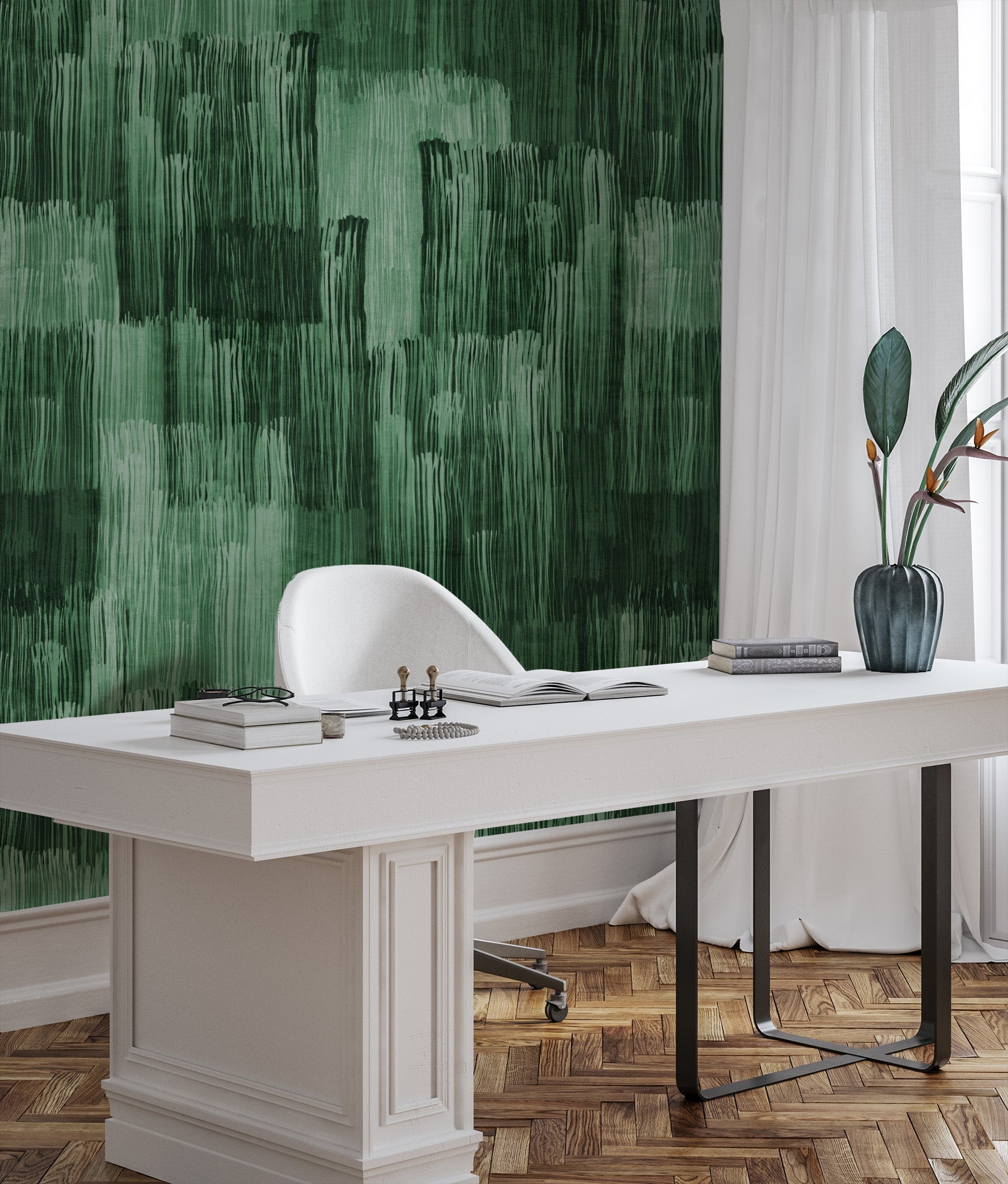 Eccentric Paint Stripes Dark Green Wallpaper