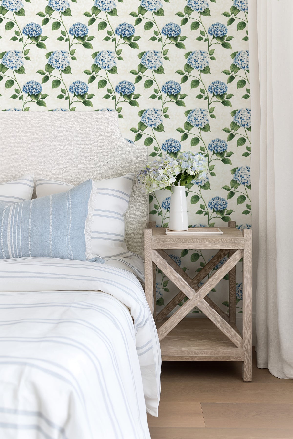 Garden Serenity in Light Blue Hydrangea Wallpaper from Olive et Oriel where you can shop wallpaper and artworks online