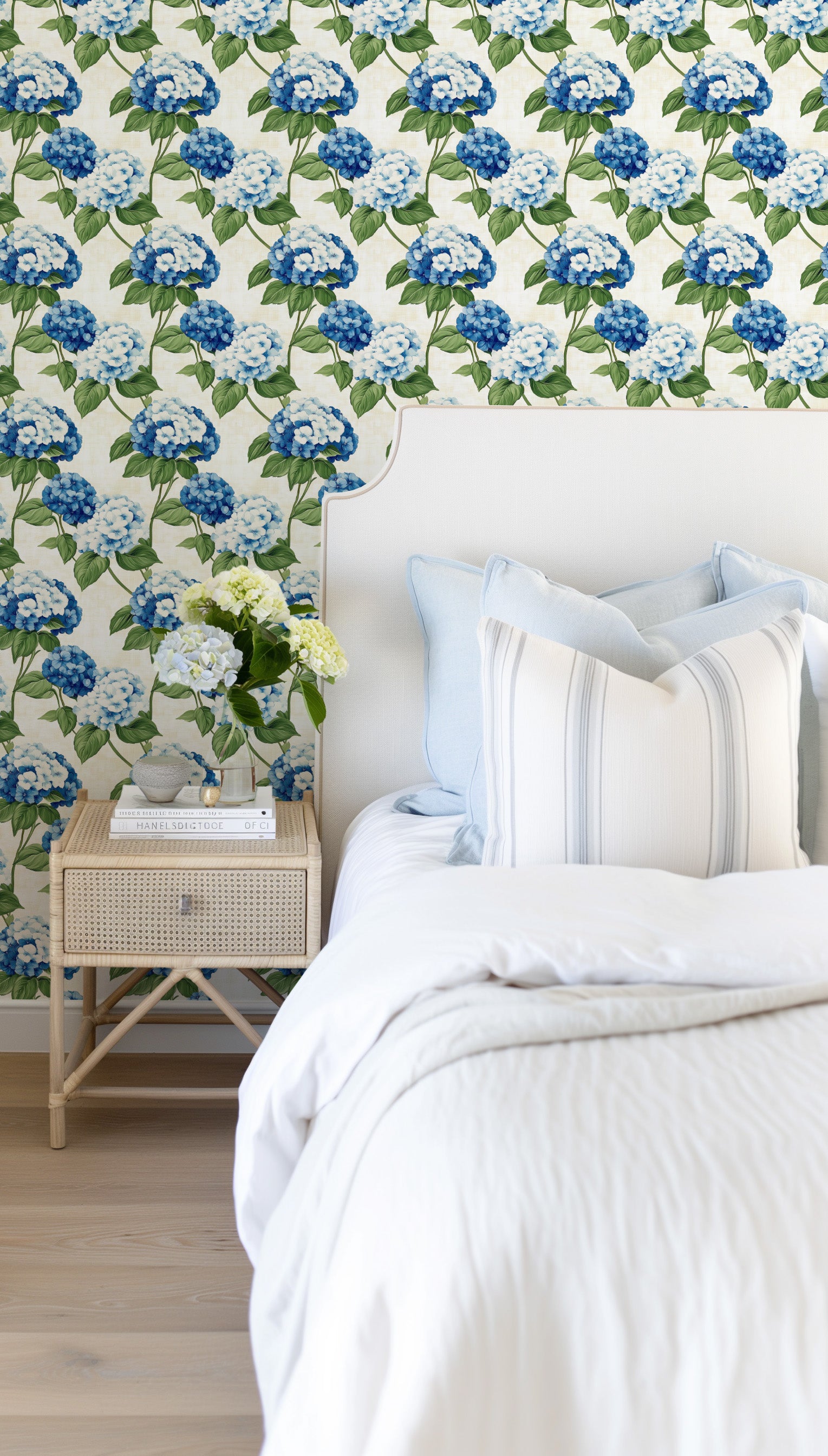 Bay Blooms in Light Blue Hydrangea Wallpaper from Olive et Oriel where you can shop wallpaper and artworks online