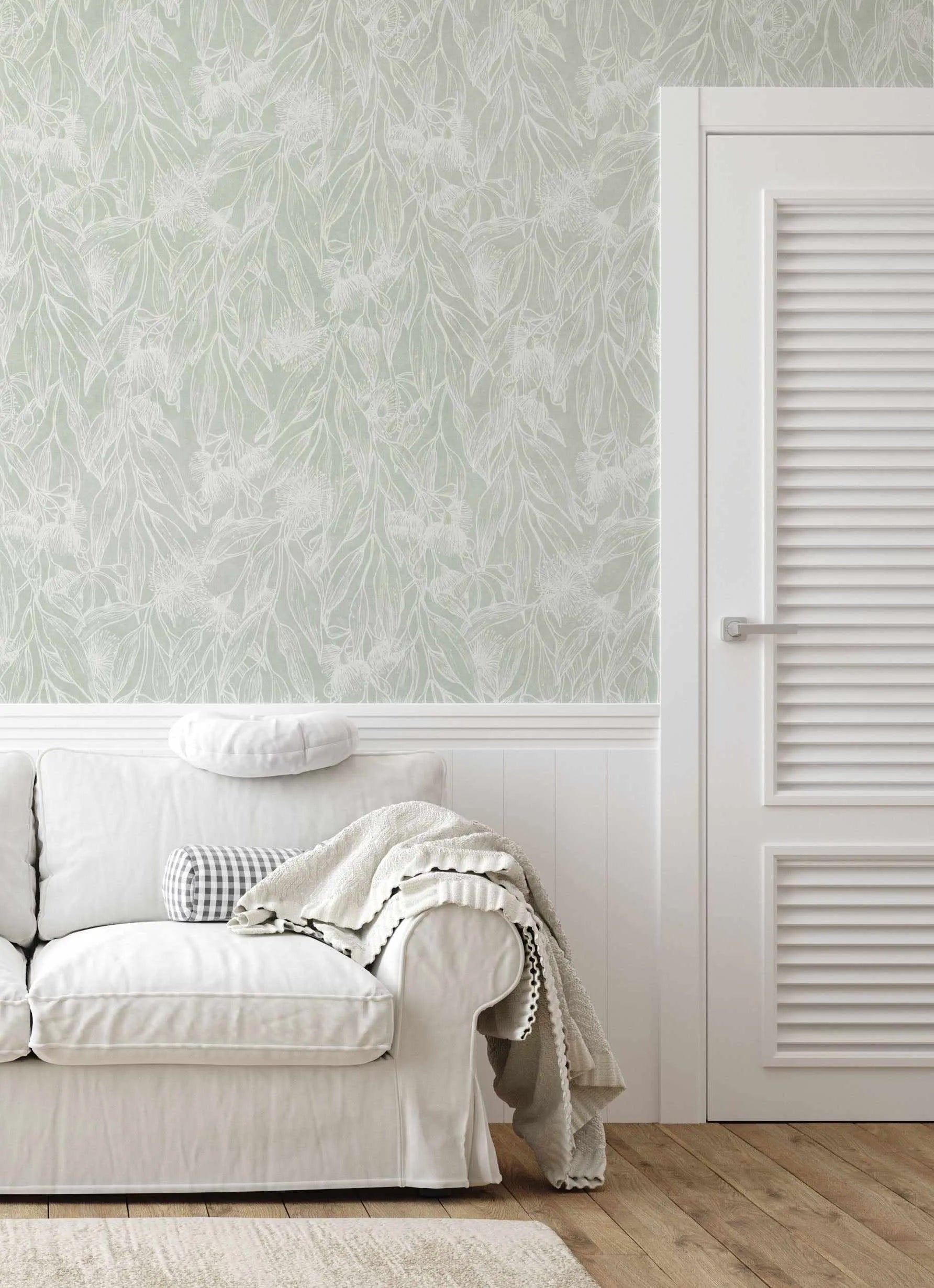 Eucalyptus Flowering Gum Sage Green Wallpaper from Olive et Oriel where you can shop wallpaper and artworks online