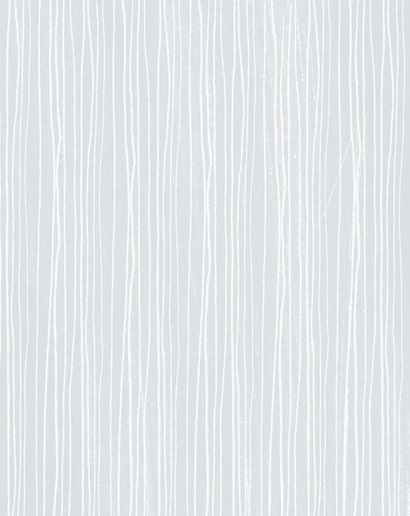 Peel and stick wallpaper featuring a repeating pattern of subtle, hand-drawn vertical stripes in white on a pale blue-grey background. The stripes vary slightly in thickness and have a textured, organic quality.