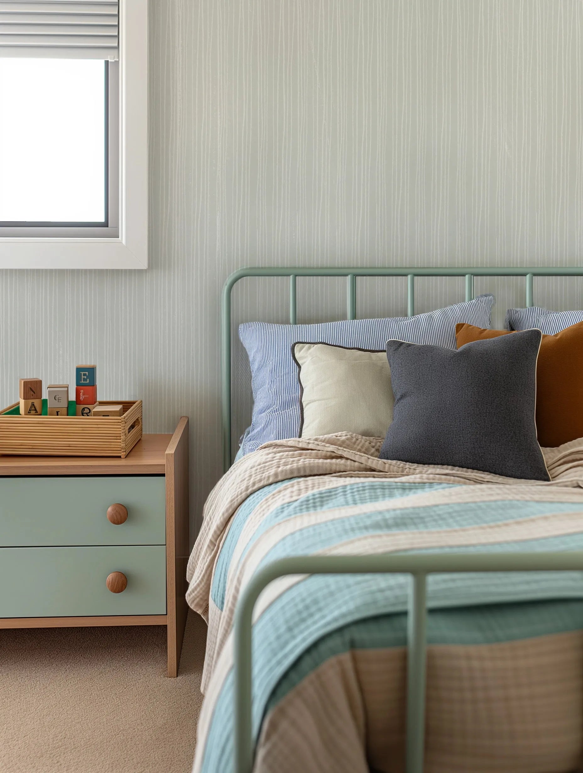 Subtle Stripes Wallpaper in Sage from Olive et Oriel where you can shop wallpaper and artworks online