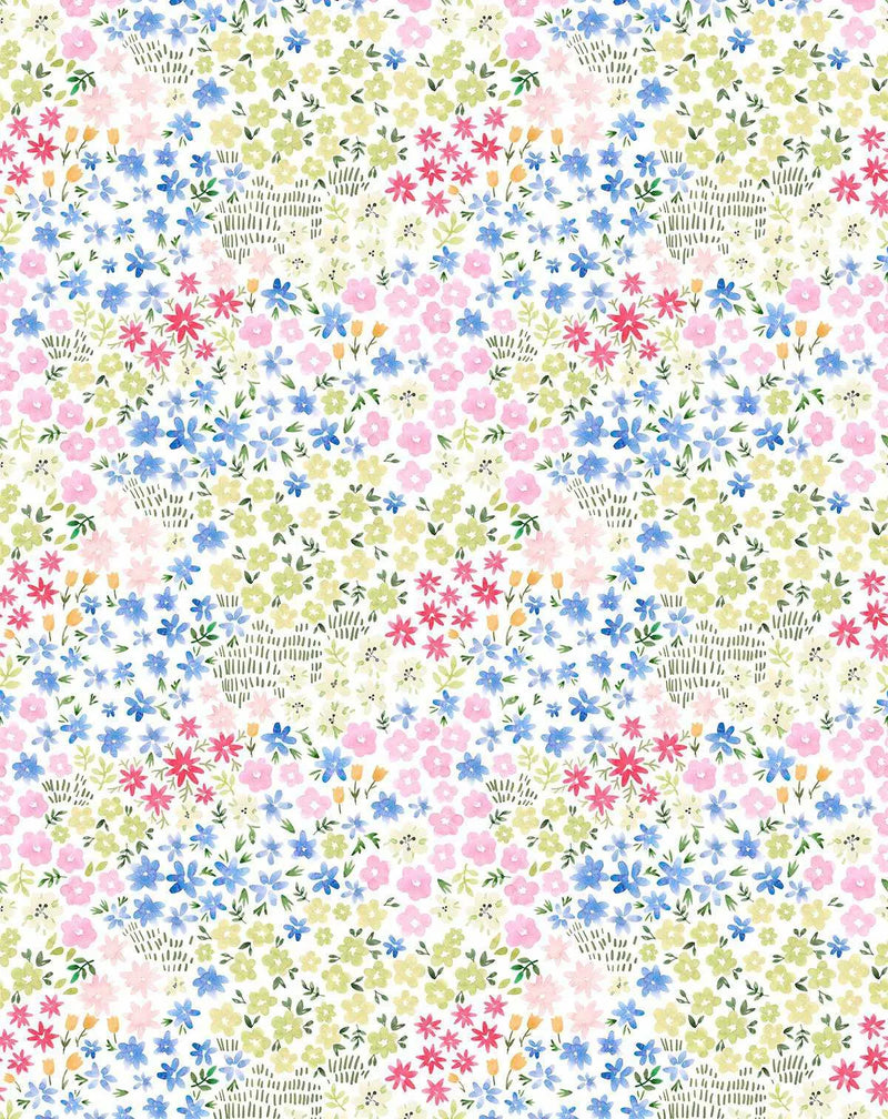 Peel and stick wallpaper featuring a repeating pattern of hand-painted wildflowers in various shades of pink, blue, red, yellow, and green on a white background. The design has a loose, organic watercolor quality with visible brushstroke texture, creating horizontal bands of color across the pattern.