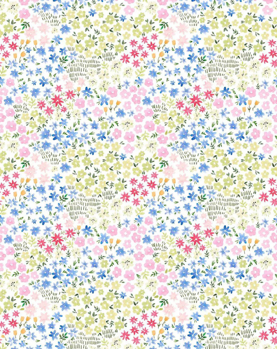 Peel and stick wallpaper featuring a repeating pattern of hand-painted wildflowers in various shades of pink, blue, red, yellow, and green on a white background. The design has a loose, organic watercolor quality with visible brushstroke texture, creating horizontal bands of color across the pattern.