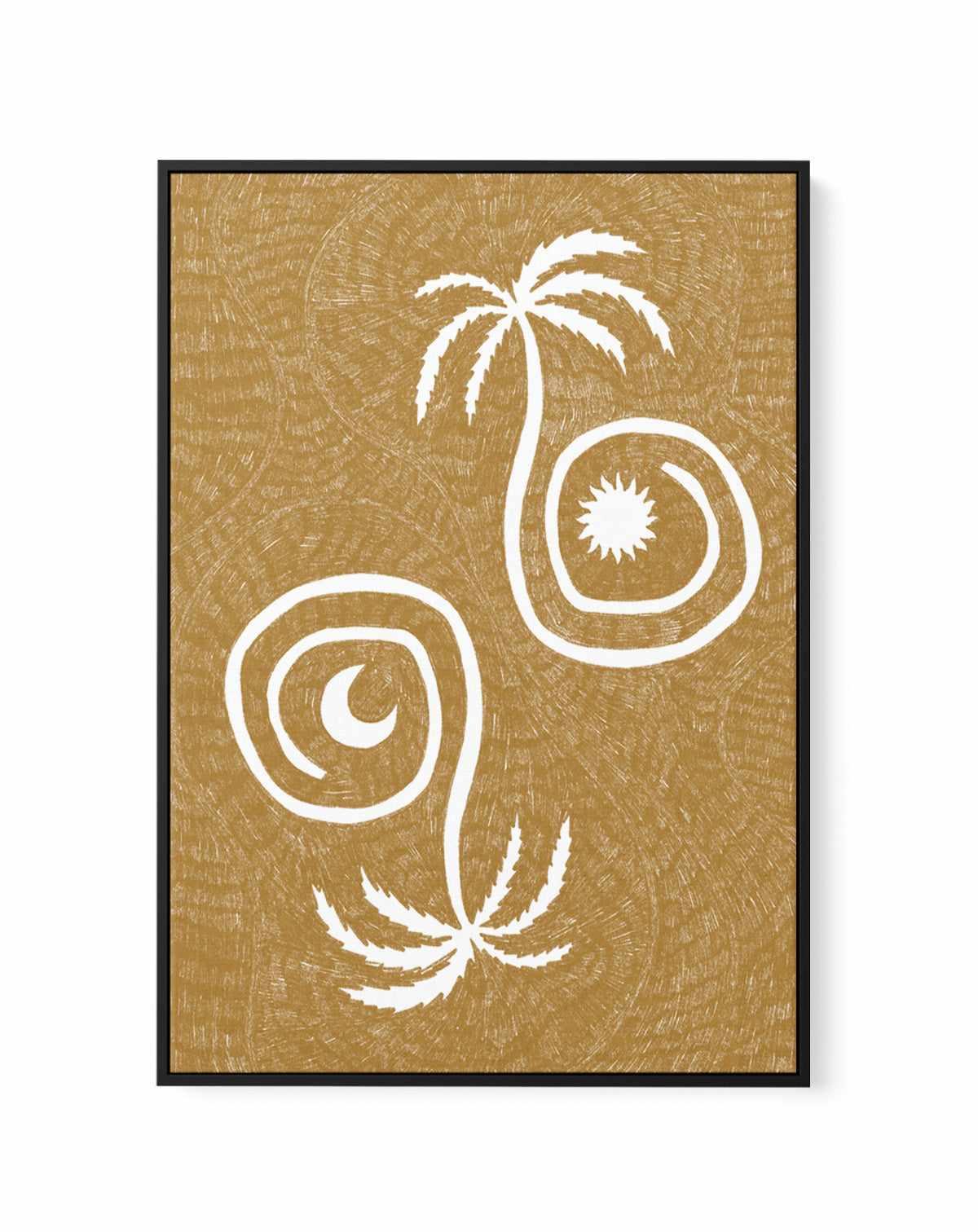 Sun Moon And Palm Trees Yellow by Shatha Al Dafai | Framed Canvas Art Print from Olive et Oriel where you can shop wallpaper and artworks online