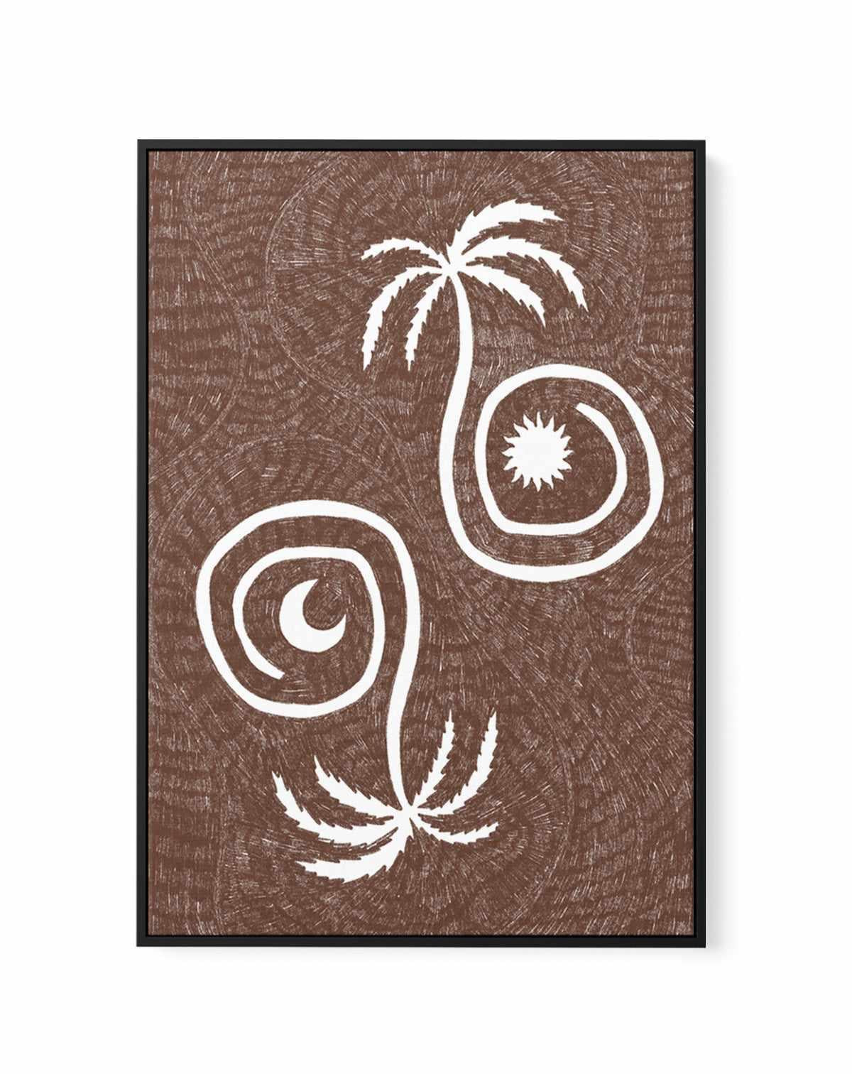 Sun Moon And Palm Trees Brown by Shatha Al Dafai | Framed Canvas Art Print from Olive et Oriel where you can shop wallpaper and artworks online