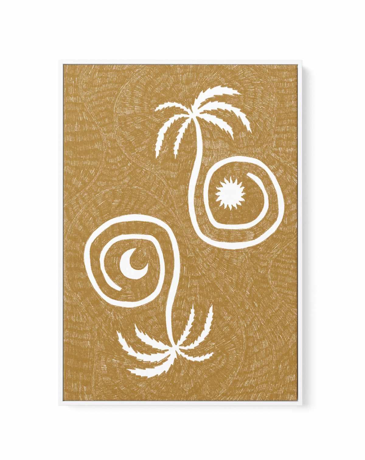 Sun Moon And Palm Trees Yellow by Shatha Al Dafai | Framed Canvas Art Print from Olive et Oriel where you can shop wallpaper and artworks online