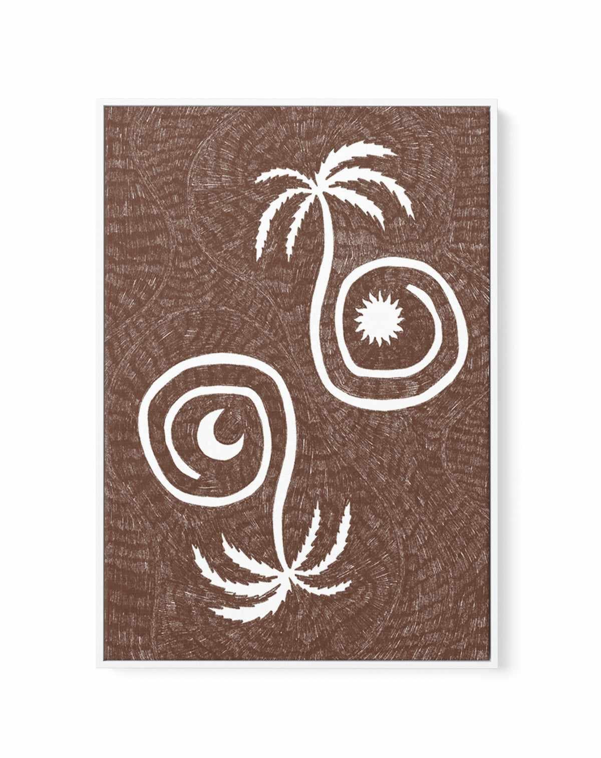 Sun Moon And Palm Trees Brown by Shatha Al Dafai | Framed Canvas Art Print from Olive et Oriel where you can shop wallpaper and artworks online
