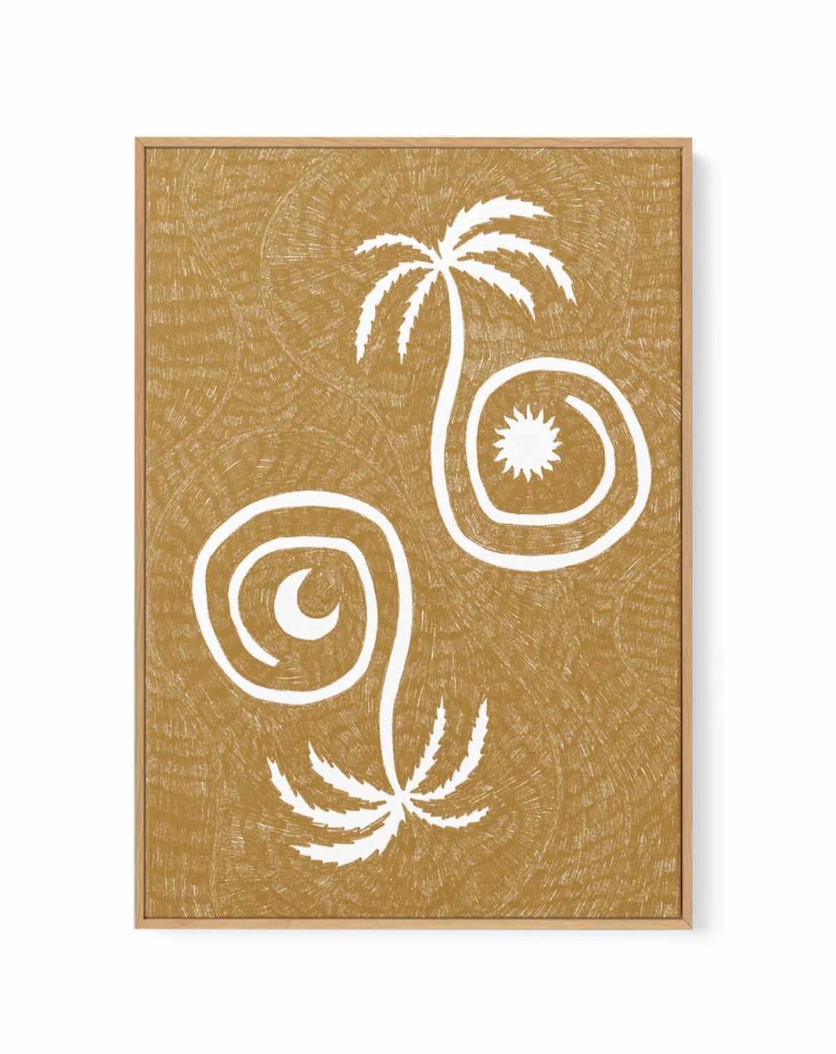 Sun Moon And Palm Trees Yellow by Shatha Al Dafai | Framed Canvas Art Print from Olive et Oriel where you can shop wallpaper and artworks online
