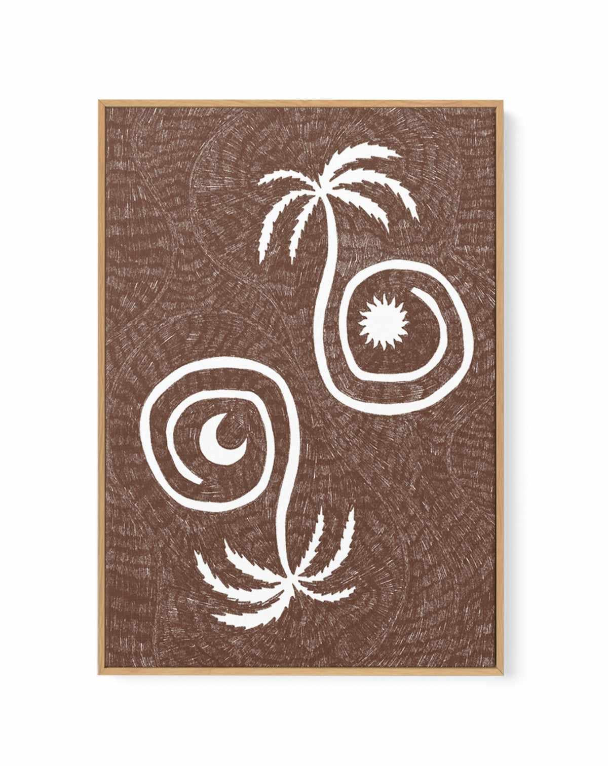 Sun Moon And Palm Trees Brown by Shatha Al Dafai | Framed Canvas Art Print from Olive et Oriel where you can shop wallpaper and artworks online