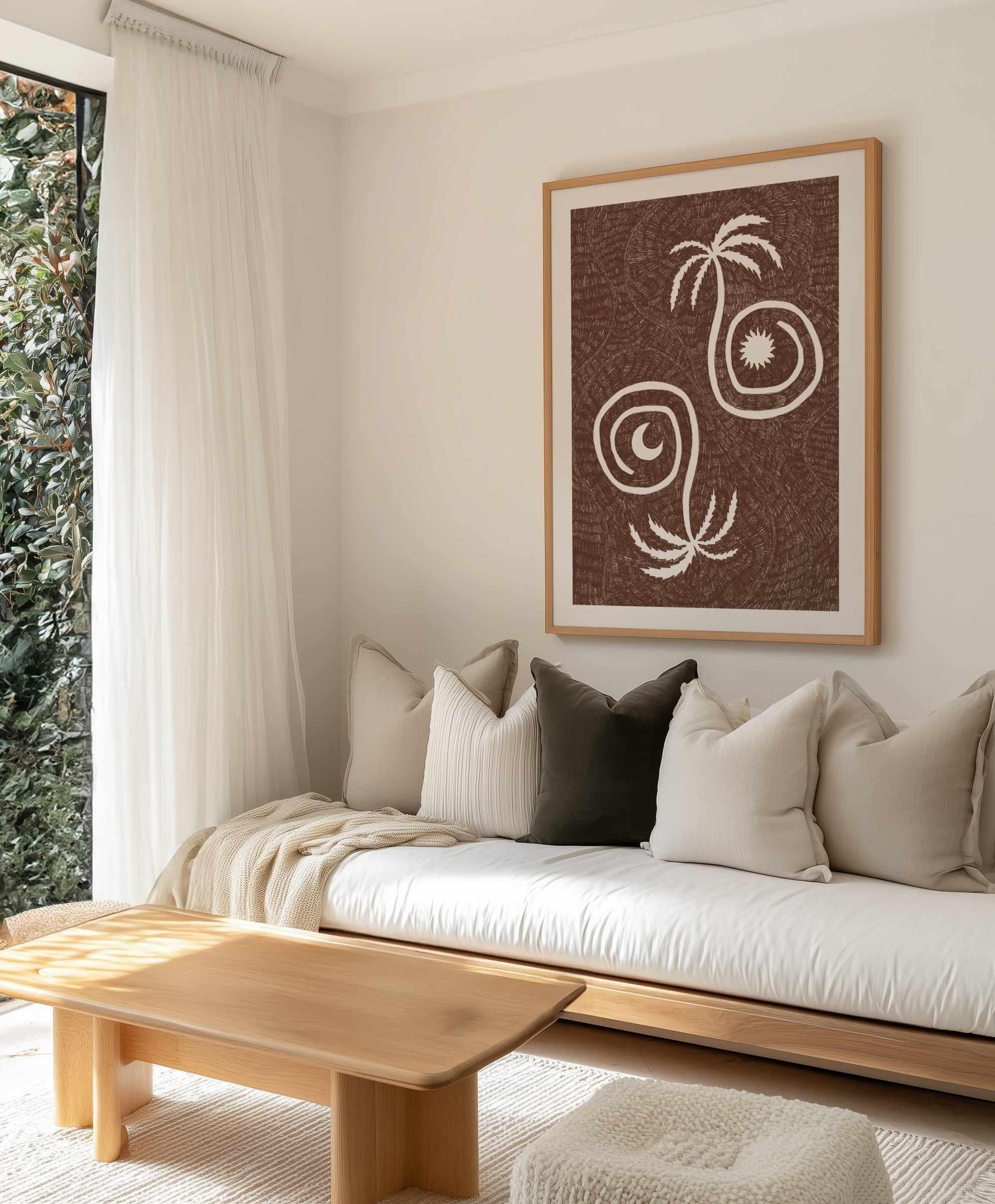 Sun Moon And Palm Trees Brown by Shatha Al Dafai | Art Print from Olive et Oriel where you can shop wallpaper and artworks online